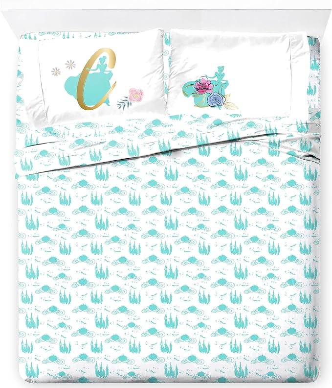 Jay Franco Kids Sheet Set with Fitted, Flat Sheets & Pillow Cover - Ultra-Soft Bedding with Pillowcase for Room Decor, Blue - Princess Cinderella, 4 Piece Full