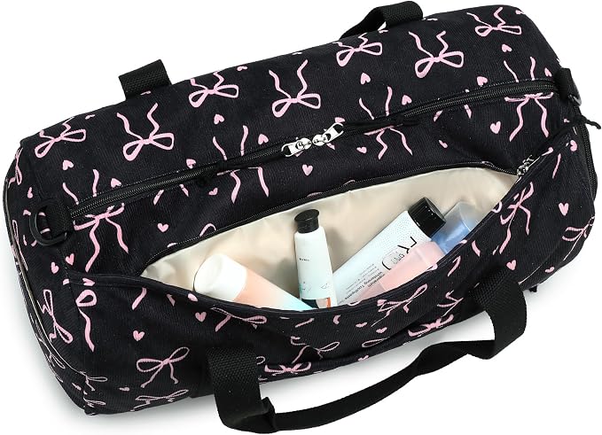 Gym Bag Sports Duffle Bag with Wet Pocket Weekender Overnight Bags with Waterproof Shoe Pouch and Air Hole for Girls Kids Women Workout Travel Bags (Bow Tie Black)