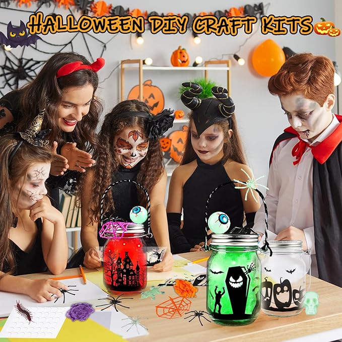 Halloween Crafts for Kids, 4 PCS Mason Jar with Accessories for DIY Craft, Art Party Favor Supplies, Halloween Decoration Trick or Treating, Classroom Art Activities
