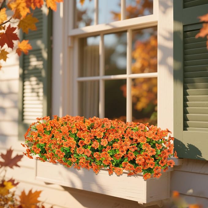 Ouddy Decor 24 Pcs Artificial Fall Flowers, Fake Mums for Outdoors, Orange | Lifelike faux mums, silk flower, UV resistant, no-maintenance, for autumn Thanksgiving garden porch yard indoor outdoor decor