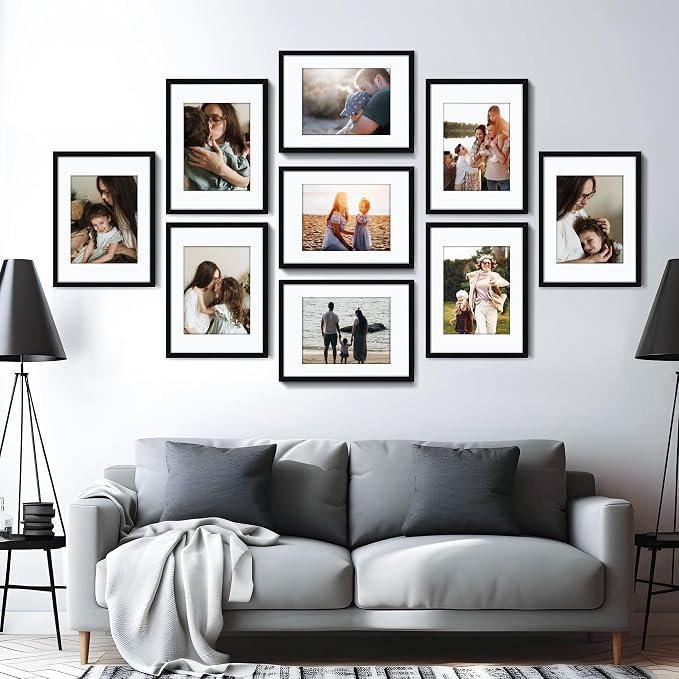 Picrit 11x15 Picture Frame Set of 12, Display 8.5x11 with Mat or 11x15 without Mat, Photo Frames for Wall Mounting Display, Black