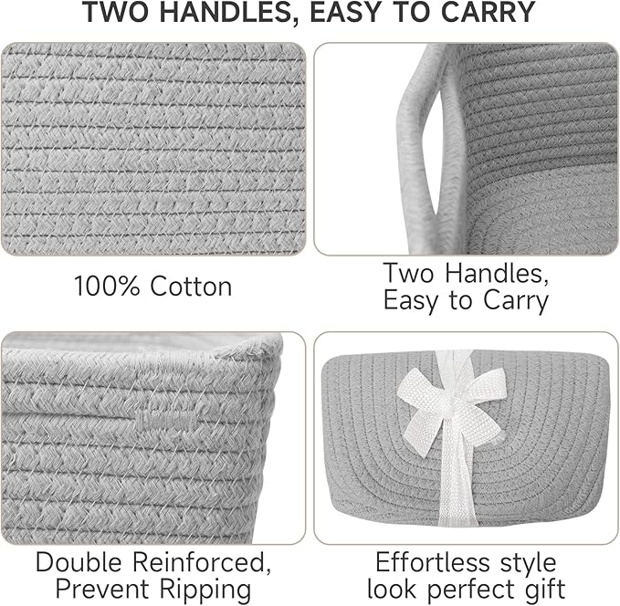 3 Pack Small Storage Baskets for Organizing, 11.8×7.8×5.1", Grey | Woven Baskets for shelves, Cotton Rope Basket for Gifts Empty, Closet Organizer Bins with Handles, Cube Decorative Box