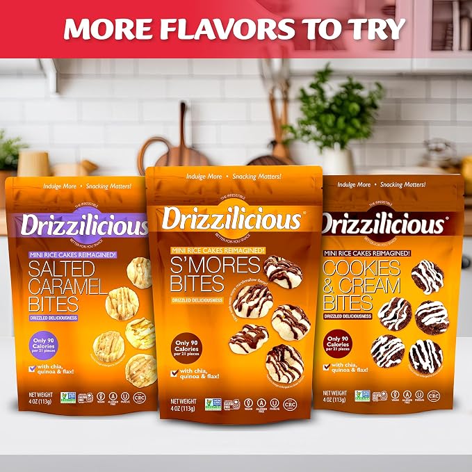 Drizzilicious Mini Flavored Rice Cakes Cinnamon Swirl - Rice Crisps, Healthy Snack for Adults and Kids, Vegan, Gluten Free Snack, Allergen Free, Only 90 Calories Per 21 Pieces - 4 oz (Pack of 1)