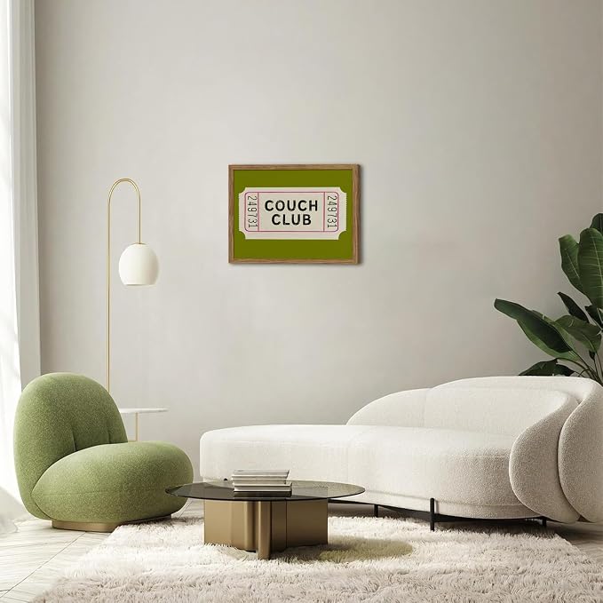 Vintage Framed Wall Art, Couch Club Ticket Canvas Wall Decor Painting, Retro Green Minimalist Quote Poster Print Picture for Living Room Bathroom Home Decor 16x24 Inch