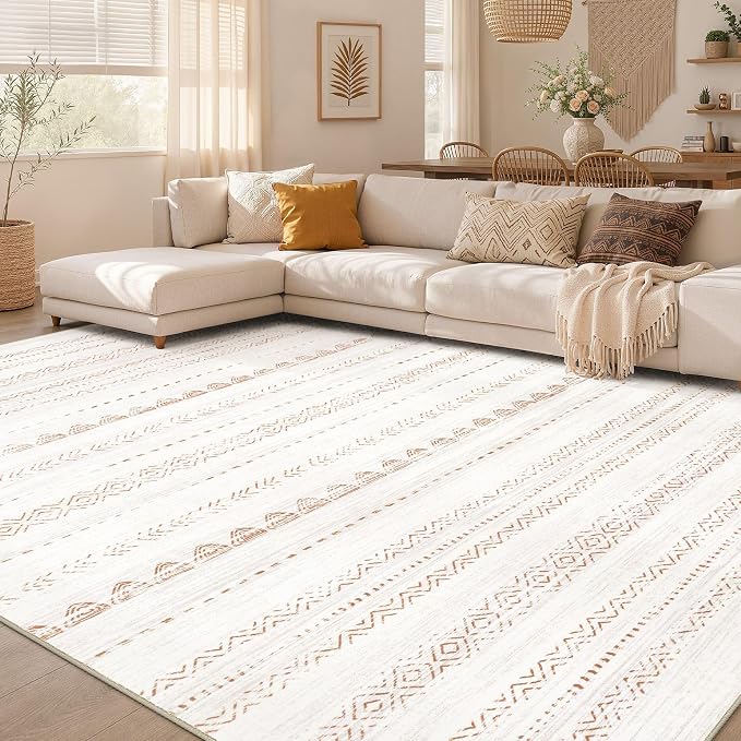 Nakagishi Boho 8x10 Area Rug Living Room Rugs Machine Washable Brown | Soft, Pet & Kid Friendly, Carpet for Living Room/Bedroom/Office/Kitchen/Nursery, Daily Home Decor Stain Resistant Moroccan