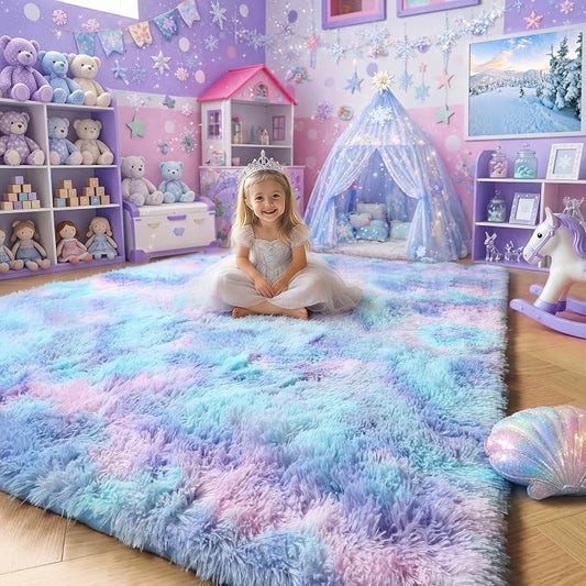 Amdrebio Blue Purple Rainbow Rugs for Bedroom Girls Room Decor, 5x7 Fluffy Cute Area Rugs for Kids Room Playroom Nursery Dorm, Shag Throw Mermaid Fuzzy Carpet, Plush Kawaii Furry Baby Toddler Rug