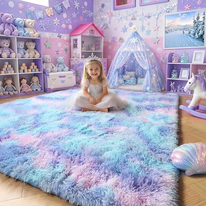Amdrebio Purple Rainbow Mermaid Rugs 8x10 for Girls Bedroom Decor Aesthetic, Soft Plush Fluffy Kawaii Area Rugs for Kids Room Nursery Playroom Classroom, Large Cute Fuzzy Furry Baby Toddler Carpet