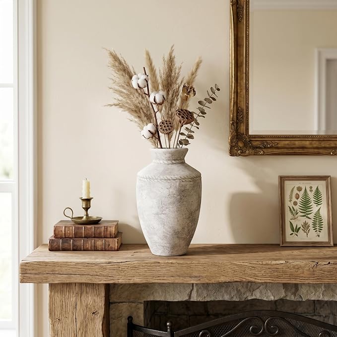 Rustic Ceramic Vase 10 Inch Large Farmhouse Pottery Flower Vases Vintage Decorative Vase for Home Decor Centerpiece for Fireplace Entryway Table Living Room Bedroom Kitchen Decor