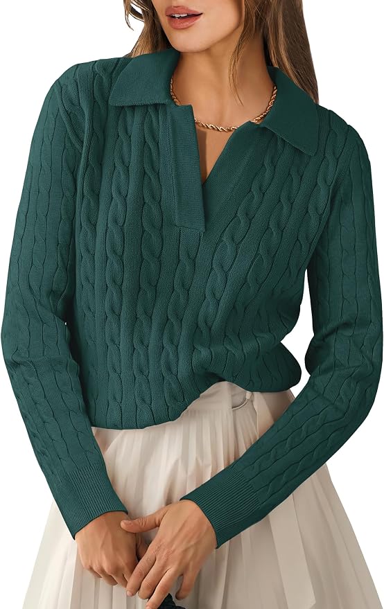 ANRABESS Womens Cable Knit Sweaters Long Sleeve V Neck | Pullover Collared Sweater Tops, Polo Knit Shirts, Business Casual Work, Tennis Golf, Fall Winter Fashion Outfits