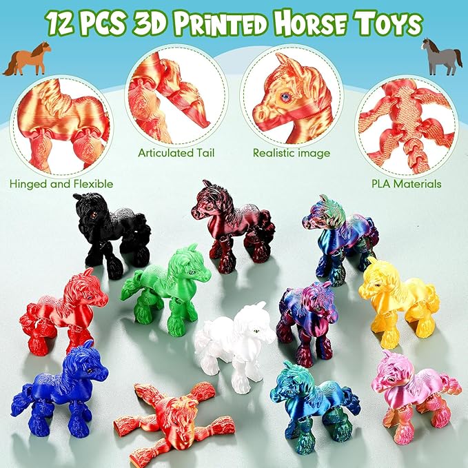 Honoson 12 Pcs 3D Printed Fidget Toy 3D Printed Horse Small Animal Toy Flexible Cute Articulating Pet Stress Relief Fidget Toys for Play and Display(6cm)