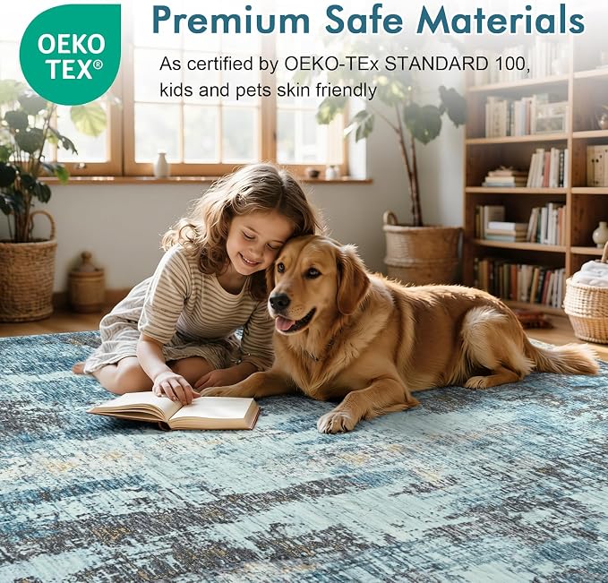 8x10 Ft Large Area Rugs for Living Room, Soft Non-Slip Washable Rugs Modern Abstract Pattern Carpet for Bedroom Indoor Floor Nursery Home Decor (Blue)
