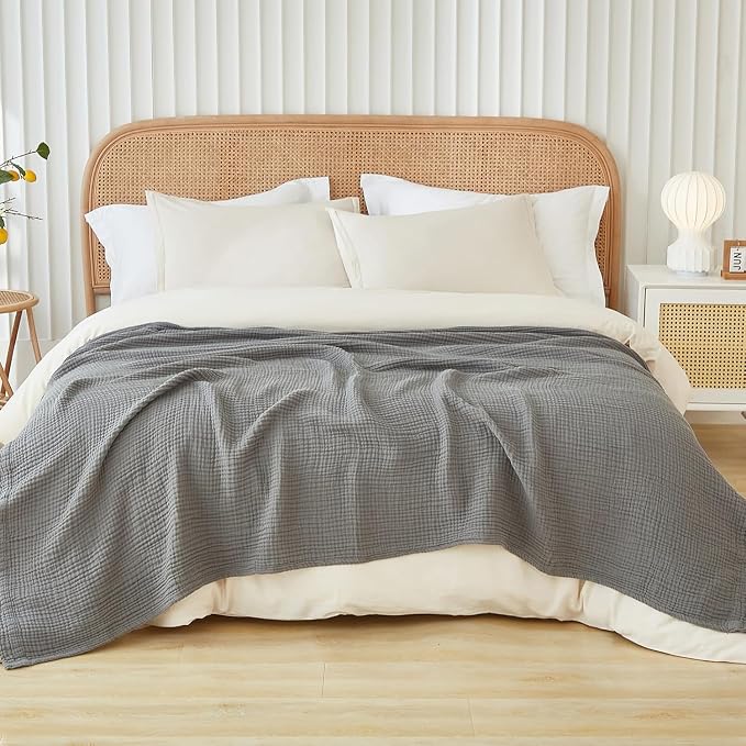 EMME Muslin Blankets for Adults Throw Blanket for Couch Breathable Gauze Soft Lightweight Airy Grey Queen 90" x 90"