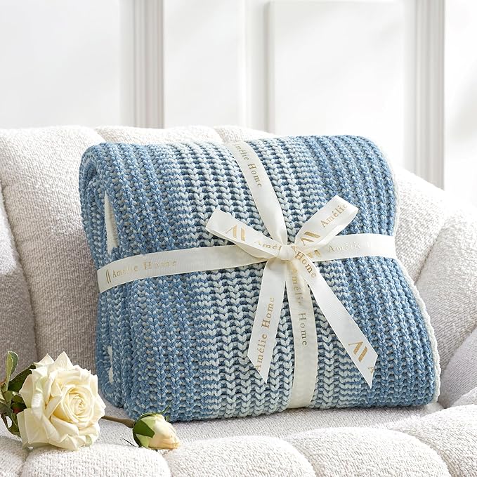 Amélie Home Premium Chenille Throw Blanket, Soft Cozy Luxury Two-Tone Knit Blanket for Couch, Sofa, Chair, Home Decor, Blue & Ivory 50"x60"