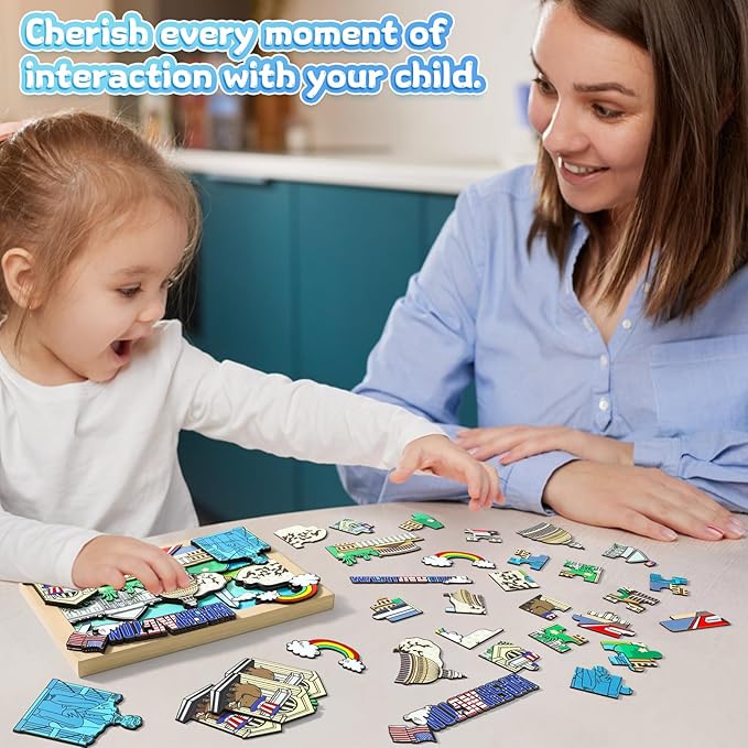 LQG Art Crafts Gift for Kids 4-8 Ages 3D Wooden City Landmark Series Frame Kit for Kids - DIY Washington Cartoon Style Puzzle Toys Perfect Wall Art and Tabletop Decoration