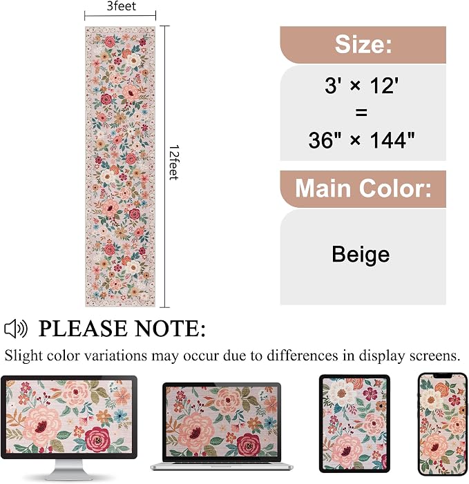 DUKINO 3x12 Washable Runner Rug, Long Hallway Runner Rug Non Slip, Beige | Soft, Low Pile, Floral Indoor Runner Rug for Kitchen, Entryway, Bedroom, Bathroom, Laundry, Modern Home Decor, Non-Shedding