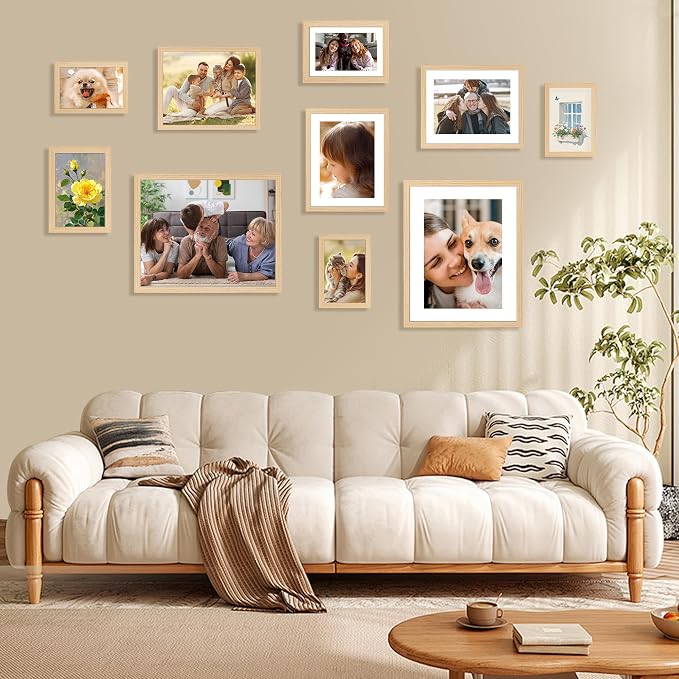 8x10 Picture Frame Set of 2, Photo Frame with HD Plexiglass, Display Pictures 5x7 with Mat or 8x10 Without Mat Multi Picture Frames Collage for Tabletop or Wall Display, Natural