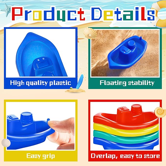 Woanger 60 Pcs Little Boat Bath Toys Stackable Floating Plastic Water Toys for Baby and Toddler Summer Pool and Bathtub Party, Vibrant, 4 Colors