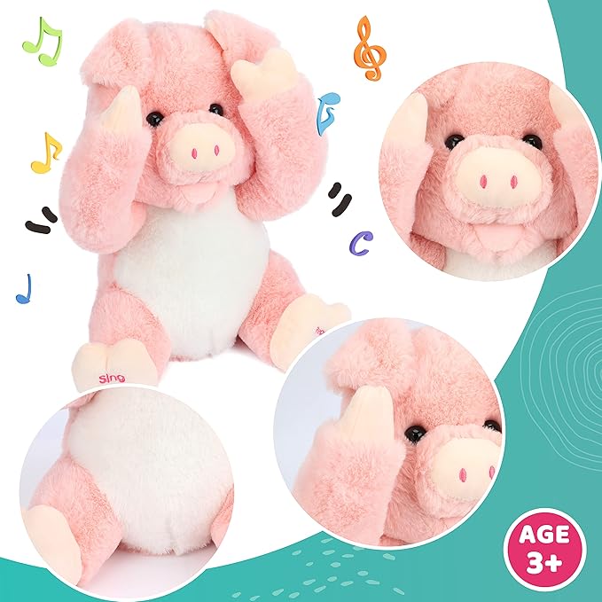 Cuteoy Peek A Boo Pig Plush Toy Interactive Electric Stuffed Animal Repeats What You Say Singing Talking Musical Plushies Gifts for Christmas Birthday 11''
