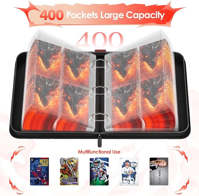 Trading Card Binder 4 Pocket, Waterproof PU 400Pockets Card Holder, Portable Zippered Collectible Game Card Albums Gifts for Boys and Girls, Trading Card Album for MTG/TCG/Card Holder Gift
