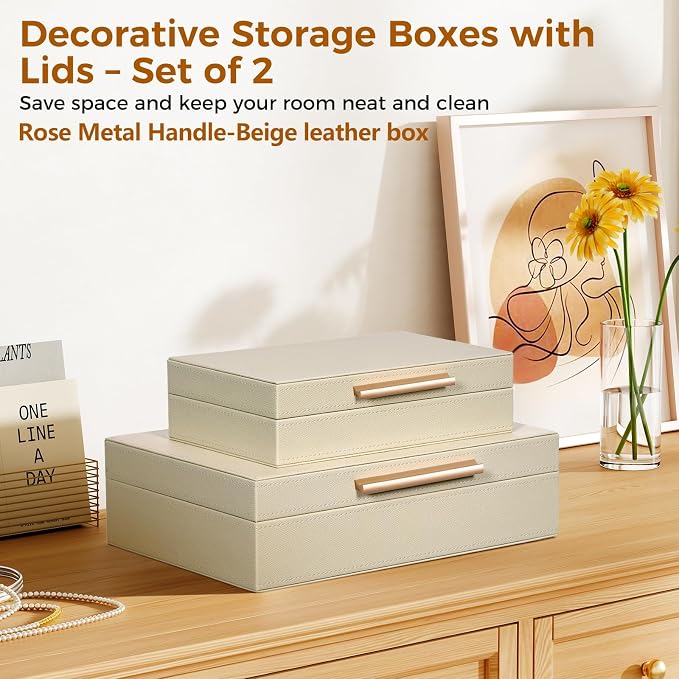 Decorative Box, Decorative Boxes with Lids 2-Set, Memory Box for Keepsakes | Beautiful PU Leather Decorative Storage Boxes in Style, Decor Box with Rose Metal Handle, Store Photos, Documents Beige