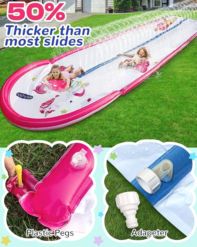 22ft Slip and Water Slide with 2 Inflatable Bodyboards，Pink Water Slide with Sprinkler for Kids Backyard，Summer Water Toys for Kids Outside，Lawn Water Slide