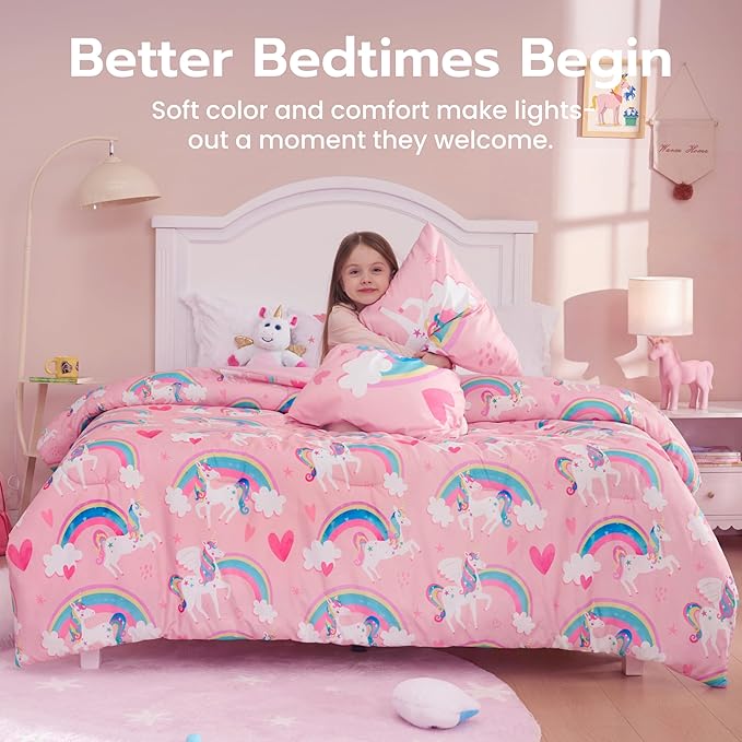 Joiedomi Kid Twin Comforter Set 5 Piece Unicorn Rainbow Bedding Set for Boys/Girls Super Soft Microfiber Bed in a Bag with Comforter Sheets Pillowcase & Sham