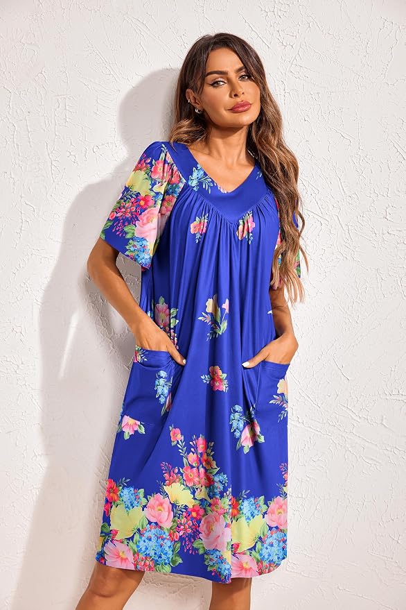 Ekouaer Womens House Dress Floral Print Nightgown with Pockets Mumu Dress
