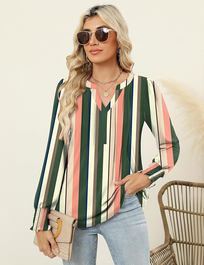 LOMON Womens Tops Dressy Casual Pleated Ruffle Long Sleeve Tunics Tops to Wear with Leggings V Neck Work Blouse