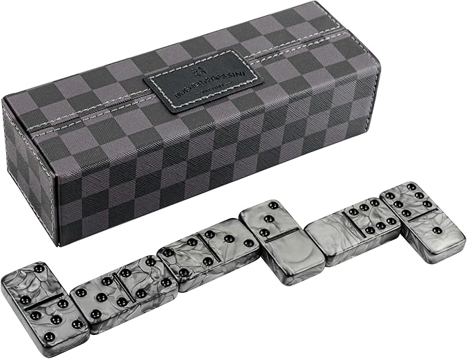 Dominos Set for Adluts - Double 6 Jumbo Domino Set - 28 Thick Marbleized Black and Gray Tiles - Dominoes Set for Adults and Kids, Classic Board Game for Family Nights & Travel (Black & Grey Case)
