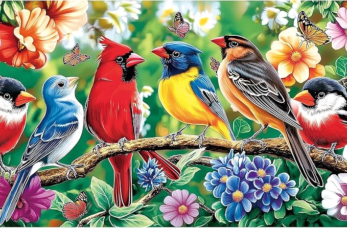 500 Piece Bird Jigsaw Puzzle | Vibrant Cardinal & Blue Bird with Flowers & Butterflies | Perfect Adult Puzzle | Unique Art for Home Decor & Gifts