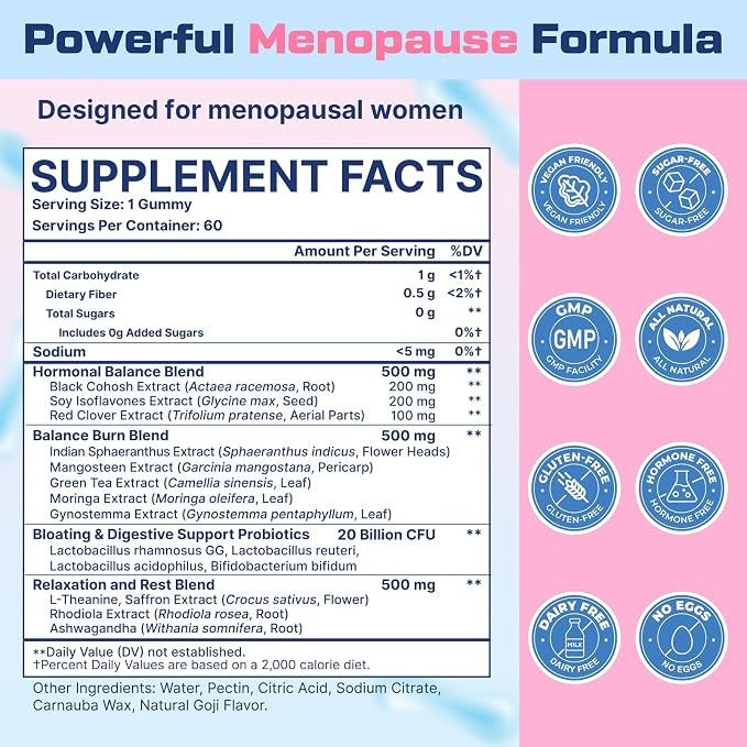 Menopause Supplements for Women Gummies, 16-in-1 Probiotic, Black Cohosh & Ashwagandha for Menopause Relief, Hot Flashes, Hormone Harmony, Mood Swings, Belly Burner* & Gut, Sugar-Free - 60 Gummies