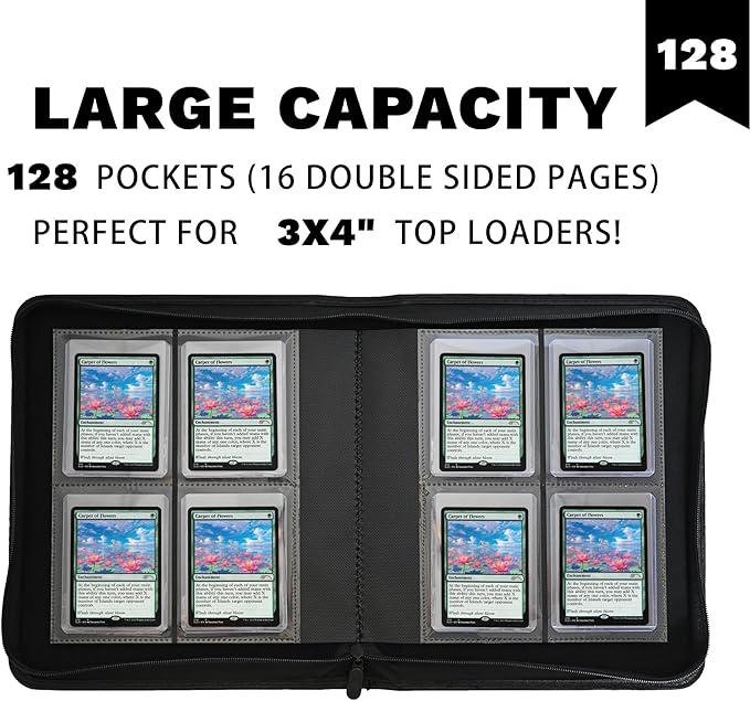 Toploaders Binder,Holds 128 Top Loaders,4 Pocket Top Loader Binder for 3" x 4"Rigid Cards,Double Sided Card Binder Abulm in 3"x4"Toploaders for Trading Cards (TOP 128 Pink)