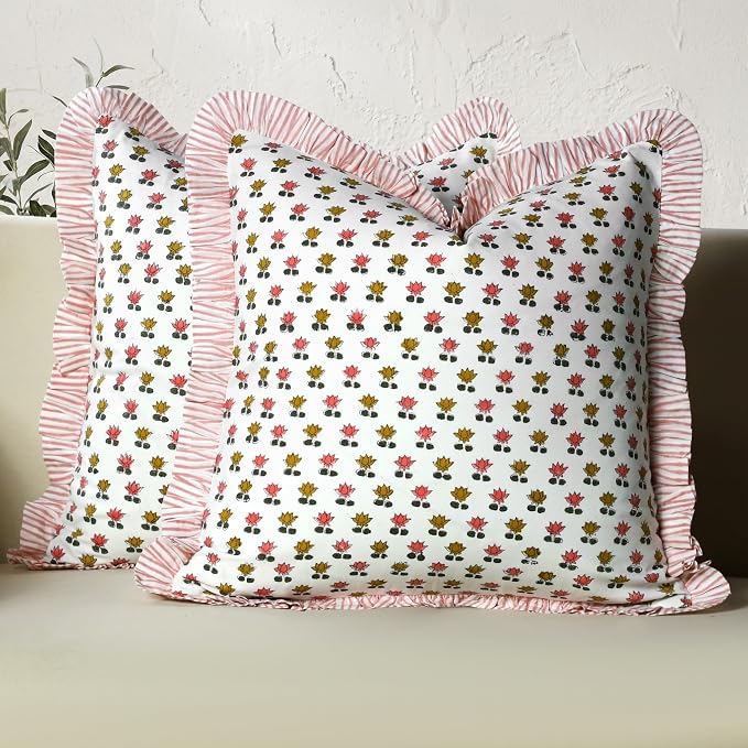 CPC Rosette Bloom Hand Block Print 100% Cotton Ruffle Throw Pillow Cover 20x20 inch with Hidden Zipper Decorative for Couch, Bed, Sofa, Farmhouse, Cottagecore Decor Gift Christmas Fall Thanksgiving