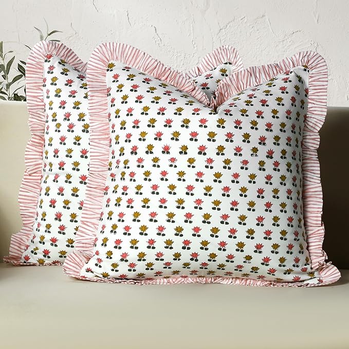 CPC Rosette Bloom Hand Block Print 100% Cotton Ruffle Throw Pillow Cover 24x24 inch with Hidden Zipper Decorative for Couch, Bed, Sofa, Farmhouse, Cottagecore Decor Gift Christmas Fall Thanksgiving