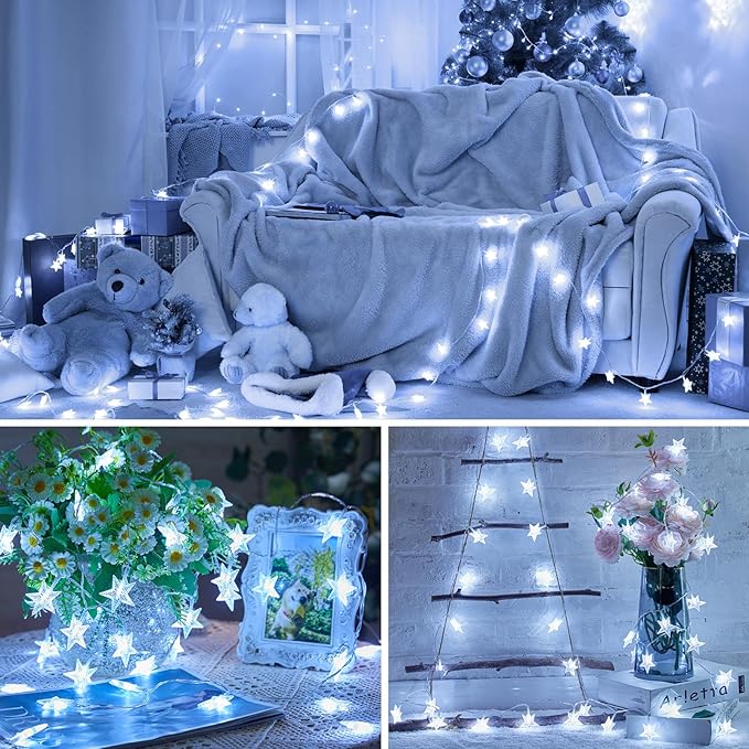 Minetom Star String Lights Battery Operated - 17 ft 50 LED Star Fairy String Lights with Timer, Waterproof for Indoor Bedroom Tent Loft Bed Patio Party Wedding Decor, White