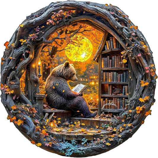 Wooden Puzzles for Adults - Reading Bear Wooden Jigsaw Puzzle, Unique Animal Shaped Wood Puzzles Adult, Christmas Birthday Gifts for Friends/Family, Home Decor 8.5 * 8.5in 100pcs