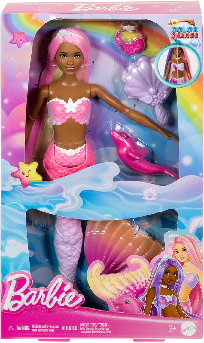 Barbie Mermaid Doll, “Brooklyn” with Pink Hair, Styling Accessories, Pet Dolphin and Water-Activated Color Change Feature, HRP98
