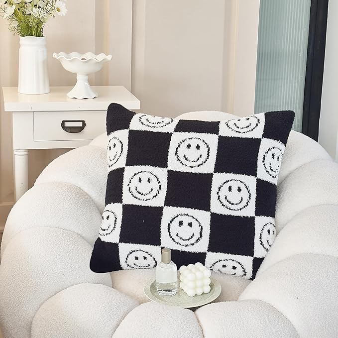 Pack of 2 Ultra Soft Cozy Happy Smiling Face Checkered Knitted Throw Pillow Cover Fluffy Microfiber pillocase Decorative for Sofa Bed 18 Inches Both Sides (Black)
