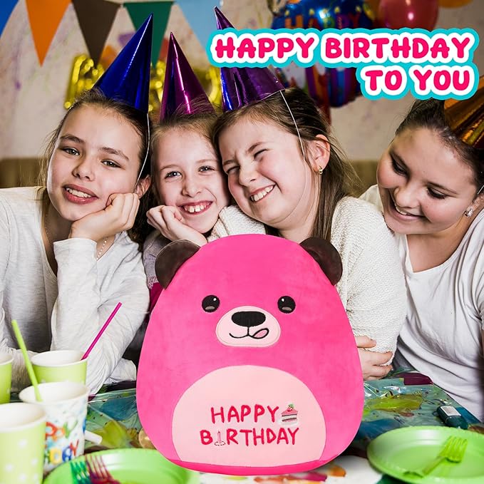 12” Birthday Bear Plush Pillow Hot Pink Happy Birthday Pillow Soft Cute Bear Plush Toy Stuffed Animal Gifts for Kids