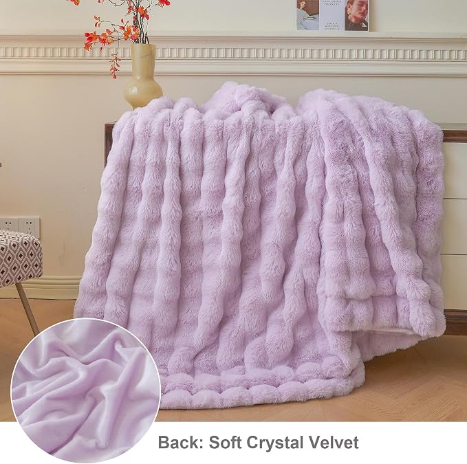 LIFEREVO Luxury Fluffy Faux Rabbit Fur Throw Blanket 60x80, Lavender | Plush Furry Bubble Lap Throw for Couch Sofa Office, Soft Cozy Light Purple Bed Blanket Home Decor, Washable & Skin-friendly
