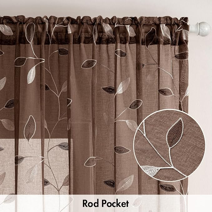 MIULEE Chocolate Brown Sheer Curtains 2 Panels Embroidered Leaf Patterned Rod Pocket Floral Semi Sheer Faux Linen Window Curtains Drapes Set for Living Room Bedroom Dining Room, 52x63 Inches Long