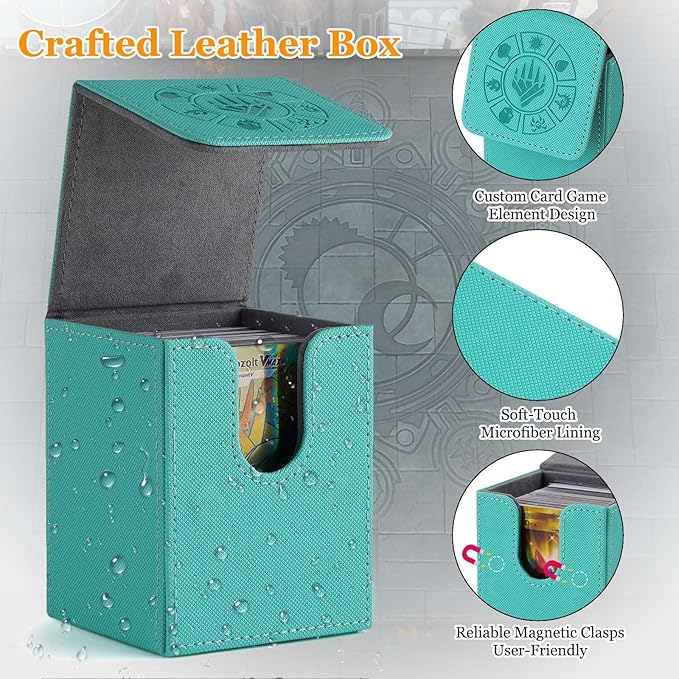 Arkeiliy Card Deck Box, 110+ Storage MTG Deck Box with 50 Pcs Card Sleeve, Collectible Trading Card Cases for Magic Commander and More (Turquoise)