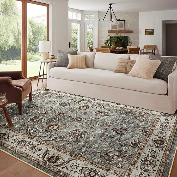 5x7 Ft Machine Washable Area Rugs for Bedroom, Thin Vintage Floral Print Rug Non Slip Carpet for Living Room, Dining Room, Office Home Decor (Brown)