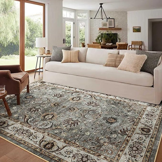 5x7 Ft Machine Washable Area Rugs for Bedroom, Thin Vintage Floral Print Rug Non Slip Carpet for Living Room, Dining Room, Office Home Decor (Brown)