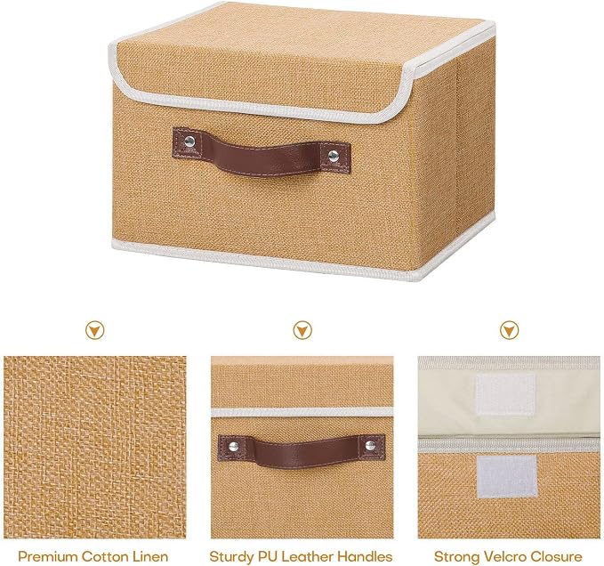 ANMINY Fabric Storage Box Bins with Lids, Khaki, 10"x8"x7", 2 Pack | Keepsake Memory Storage, Cotton Linen, PP Board Reinforced, Washable, PU Handles, Foldable & Stackable, Decorative, Small