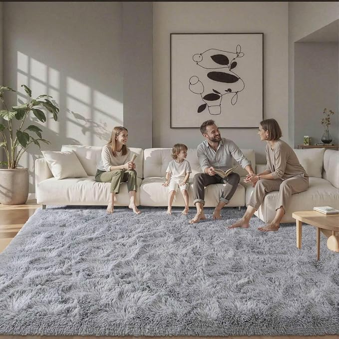 9x12 ft Light Grey Rug for Living Room Fluffy Bedroom Rug Non-Slip Area Rugs Shag Carpet for Nursery Kids Play Room Dorm Office Indoor Modern Plush Carpets Boys