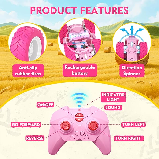 Funwee 2.4GHz RC Tractor Toy w/Light & Music, Kid Farm Car Toy w/Front Loader & Farm Animal, RC Tractor Trailer Truck Vehicle Toy for Boy Girl Age 3 4 5 6 7+ Year Old Christmas Birthday Gift (Pink)