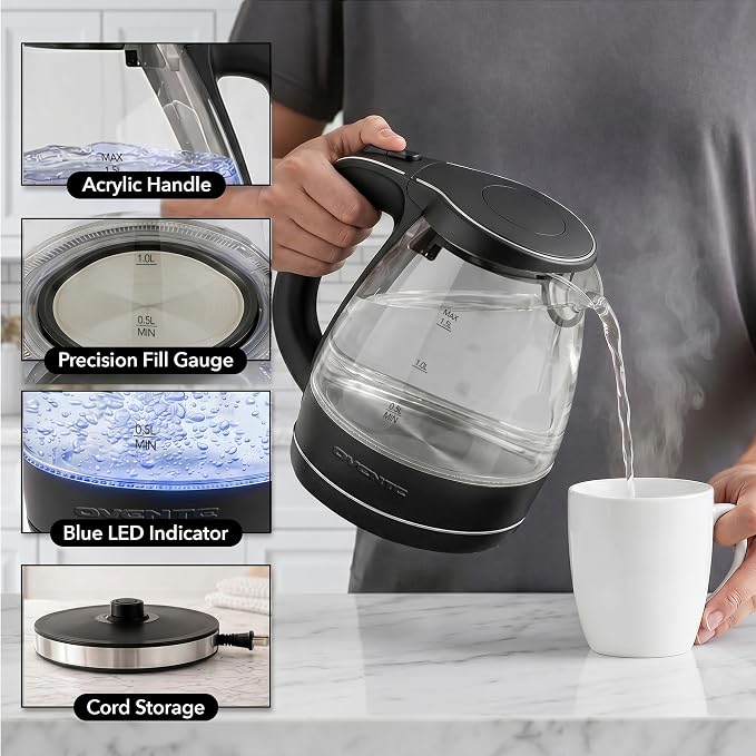 OVENTE Electric Kettle, 1.5L Borosilicate Glass Countertop Water Heater and Boiler for Coffee or Tea, BPA-Free, Auto Shut-Off, Boil-Dry Protection, Removable and Washable Spout Filter, Black KG83B