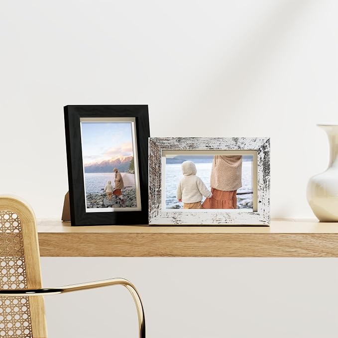 Vittanly 4x6 Picture Frames Set of 9, Black&Brown&Distressed White | Display Pictures 3.5x5 with Mat or 4x6 without Mat, Small Photo Frames, Engineered Wood with Shatter Resistant Plexiglass