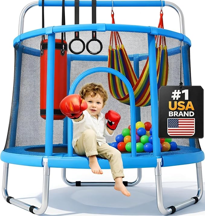 Happin® 55’’ Trampoline for Kids with Safety Enclosure, Indoor & Outdoor Toddler Trampoline, Ultra Safe Design with Multi Activity Accessories, Perfect Toddler Gift for Boys & Girls Ages 1–8